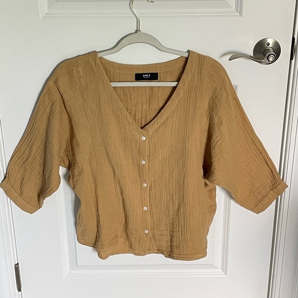 ABLE Tan Cotton Gauze V-Neck Button Down Blouse Top - 35960 - Picture 1 of 13